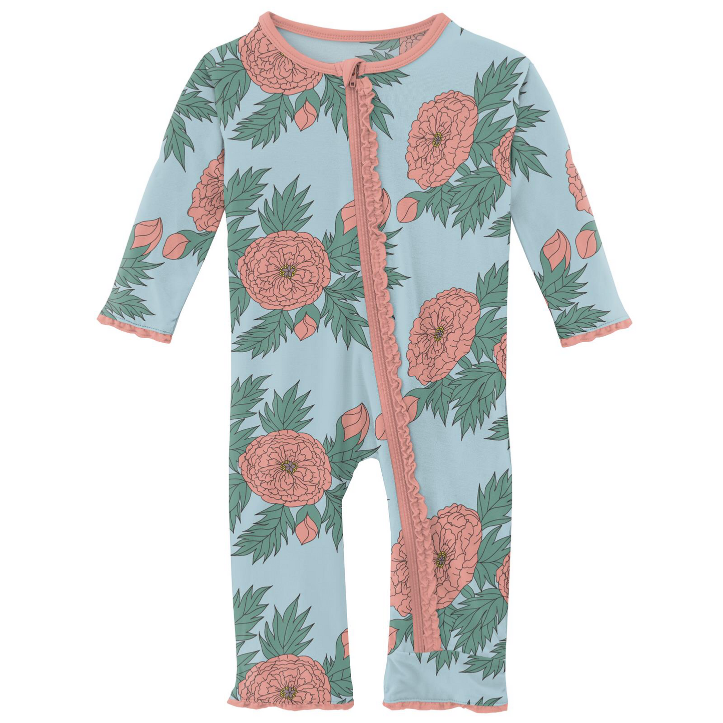 Kickee Pants Spring Sky Floral Muffin Ruffle Coverall with Zipper