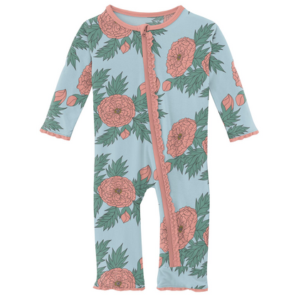 Kickee Pants Spring Sky Floral Muffin Ruffle Coverall with Zipper