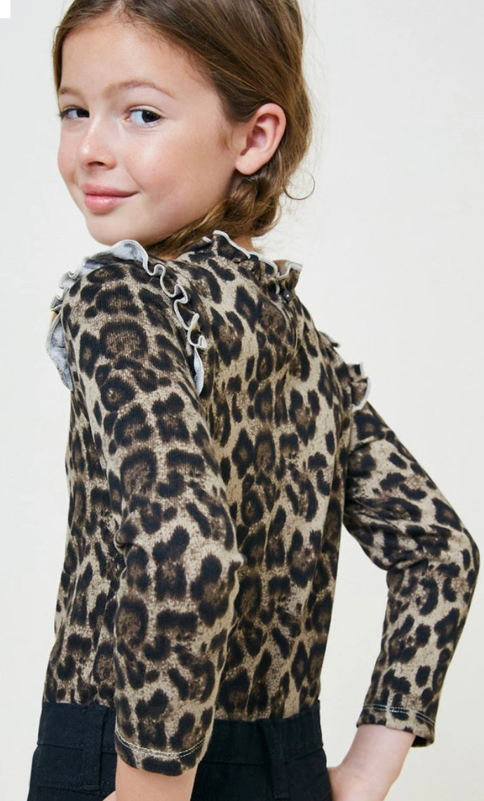 Hayden Girls Leopard Ruffle Collar Knit Top 8063