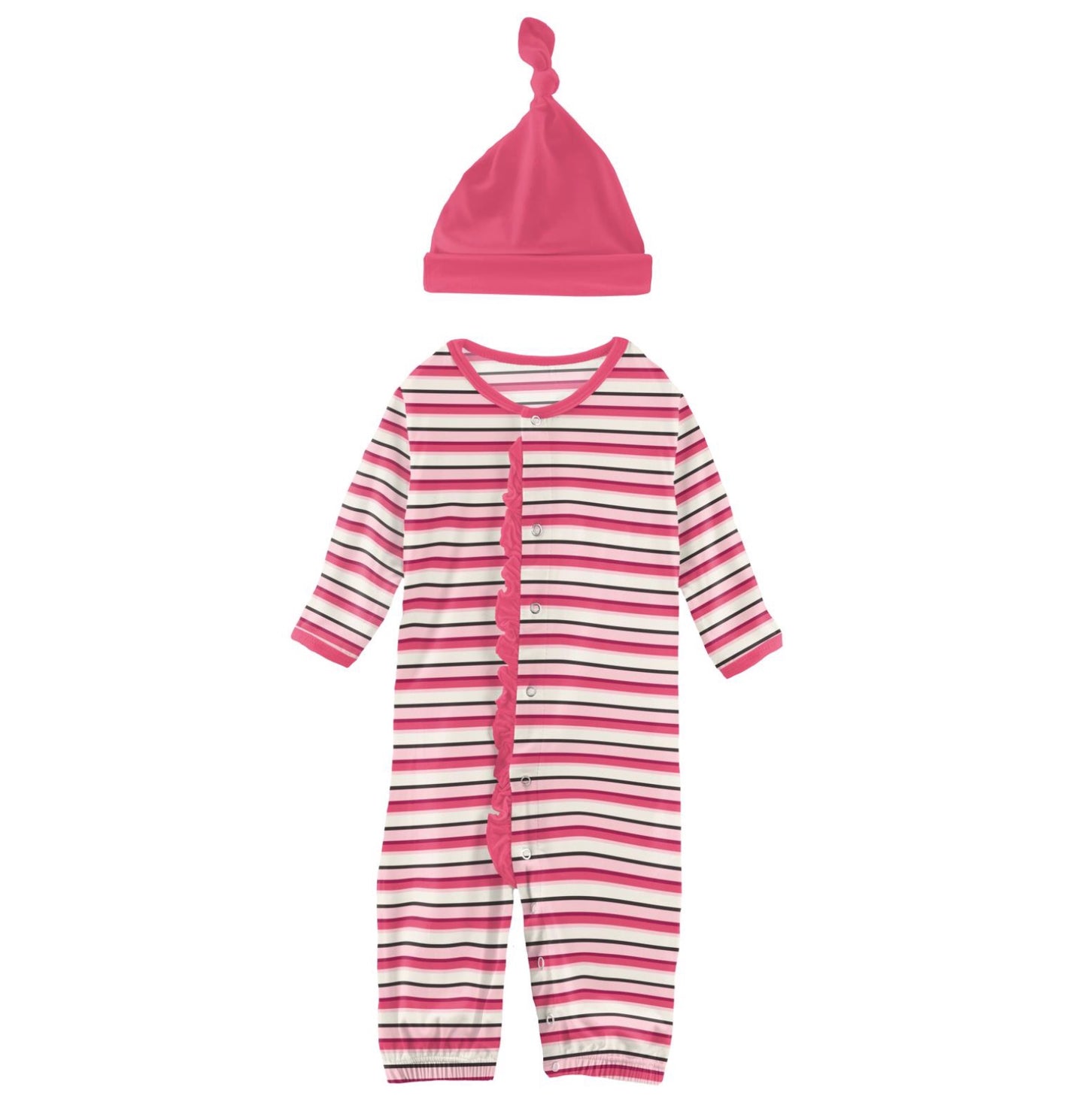 Kickee Pants Winter Rose Stripe Ruffle Layette Gown Converter & Single Knot Hat Set