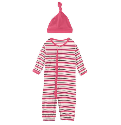 Kickee Pants Winter Rose Stripe Ruffle Layette Gown Converter & Single Knot Hat Set