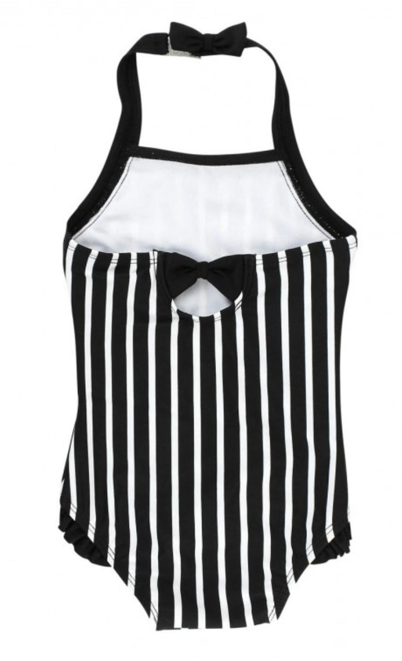 RuffleButts Black&White Stripe Halter One Piece