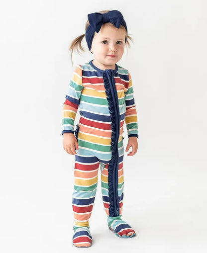 RuffleButts Cozy Rainbow Ruffled Footed Pajamas