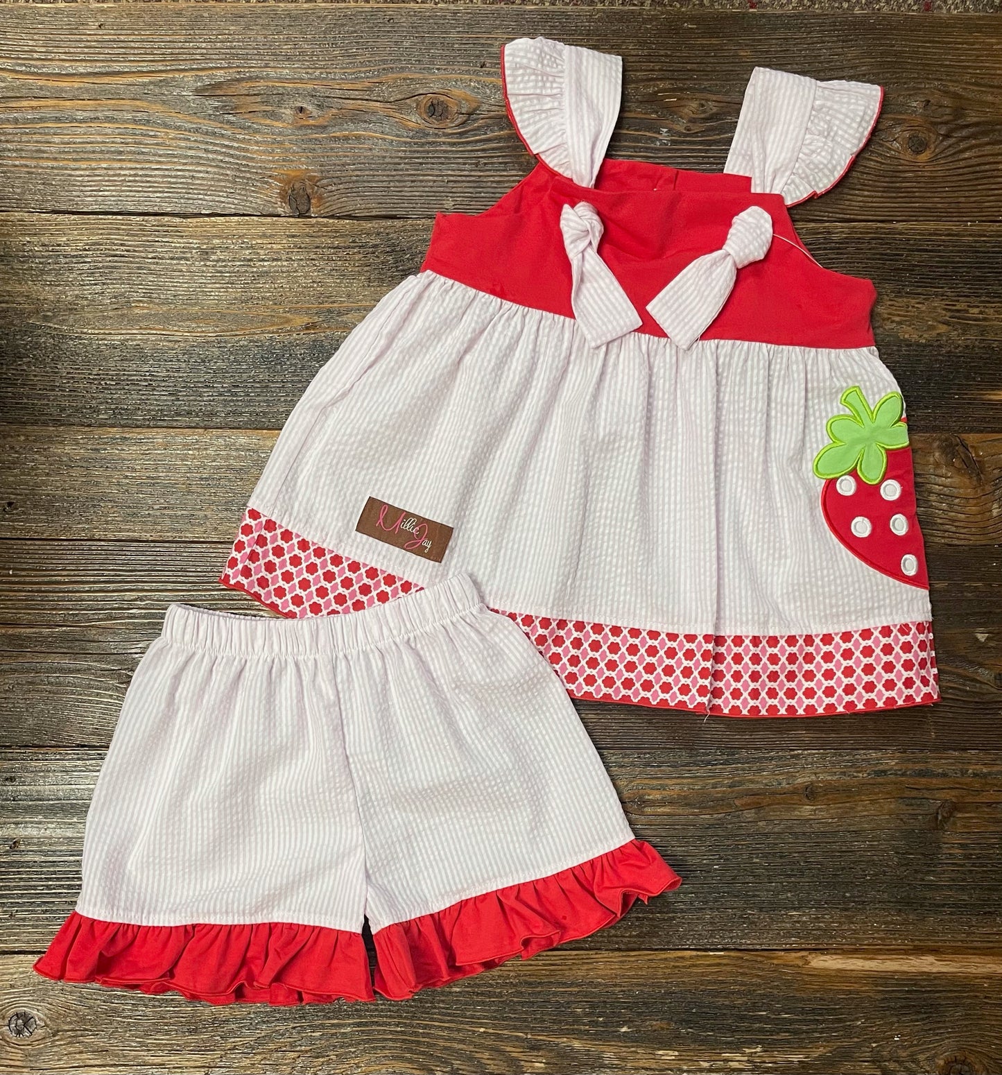 Millie Jay Strawberry Applique Knot Tie Short Set
