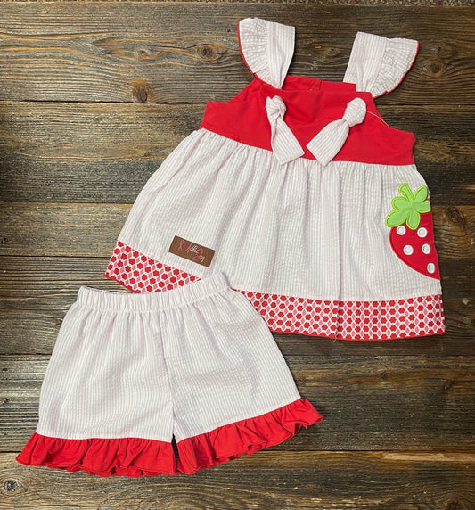 Millie Jay Strawberry Applique Knot Tie Short Set