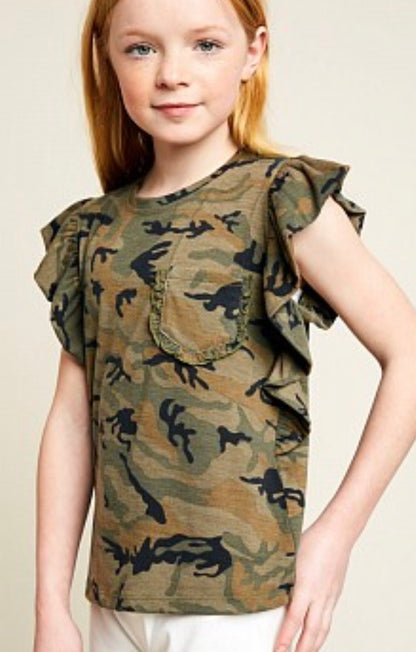 Hayden Camo Ruffle Sleeve Top 5570