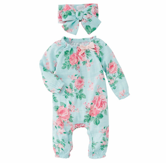 Mudpie Muslin Floral Sleeper + Headwrap