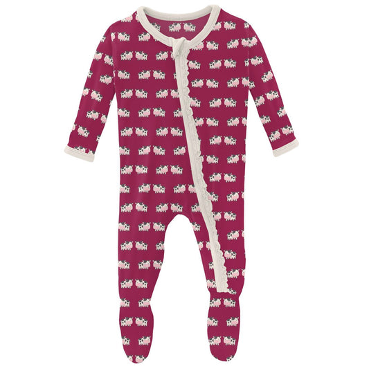 Kickee Pants Berry Cow Muffin Ruffle Footie with Zipper