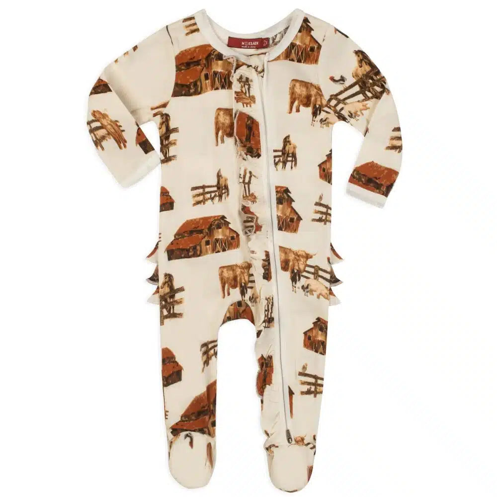Milkbarn Homestead Organic Ruffle Zipper Footed Romper
