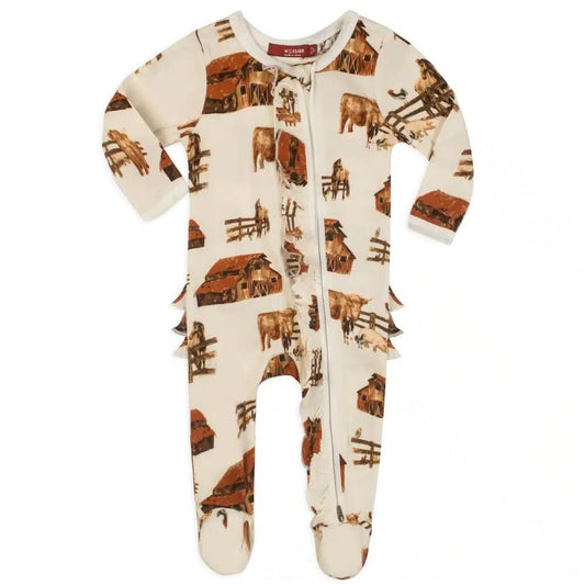 Milkbarn Homestead Organic Ruffle Zipper Footed Romper