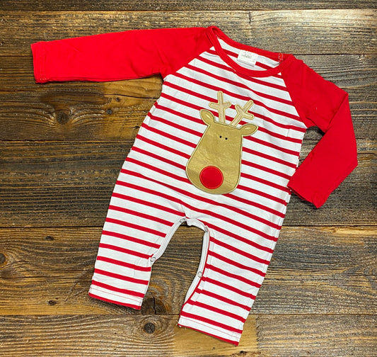 Red/White Striped Reindeer One Piece