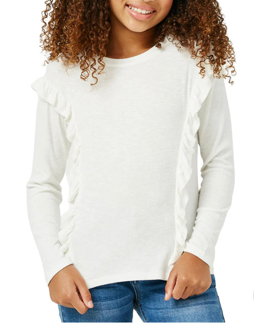Hayden Ruffled Drop Shoulder Marled Ribbed Knit Top 5026