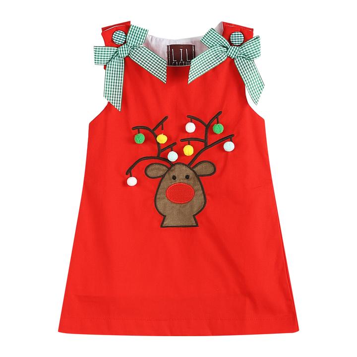 LC Red Reindeer with Pom Poms & Bows Swing Dress