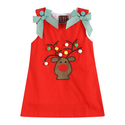 LC Red Reindeer with Pom Poms & Bows Swing Dress