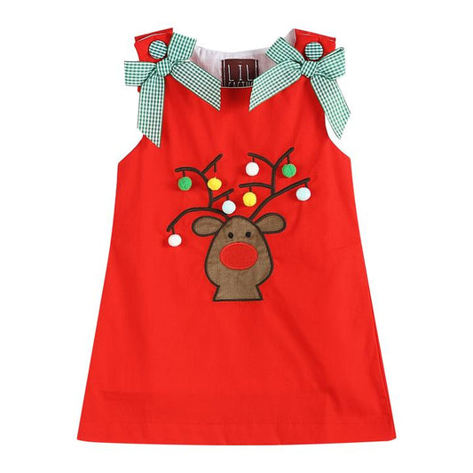 LC Red Reindeer with Pom Poms & Bows Swing Dress